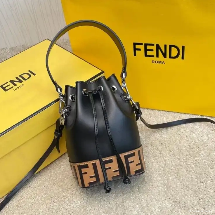 Affordable Mini FF Fendi Leather Bag Brown Motif Tresor Mon Bucket Black In Calf 0510